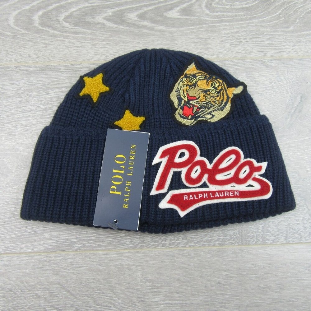 Polo Ralph Lauren Patch RL Tiger Navy Blue Skull Beanie Cap One Size NEW - Picture 2 of 10